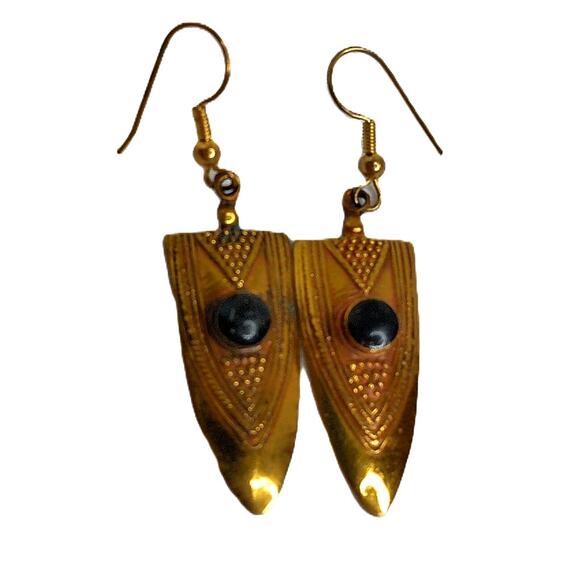 Vintage Brutalist Tribal Black Onyx ? Pierced Earrings READ - Picture 2 of 5